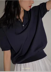 Polo lavorata a maglia di seta blu ghiaccio t-shirt manica corta da donna estiva sottile francese di alta qualità con risvolto top