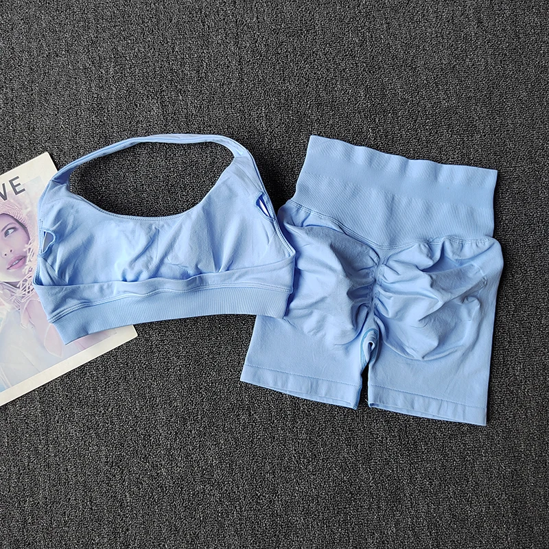 2피스 피치 하이웨이스트 벨리 힙업 스포츠 브라 숏츠 세트, 충격 방지 넥 홀터 요가복 러... - 4