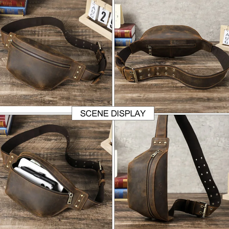 Fashionable British Style Top Layer Cowhide Crazy Horse Multi Functional Crossbody Men Genuine Leather Waist Large Capacity Bags