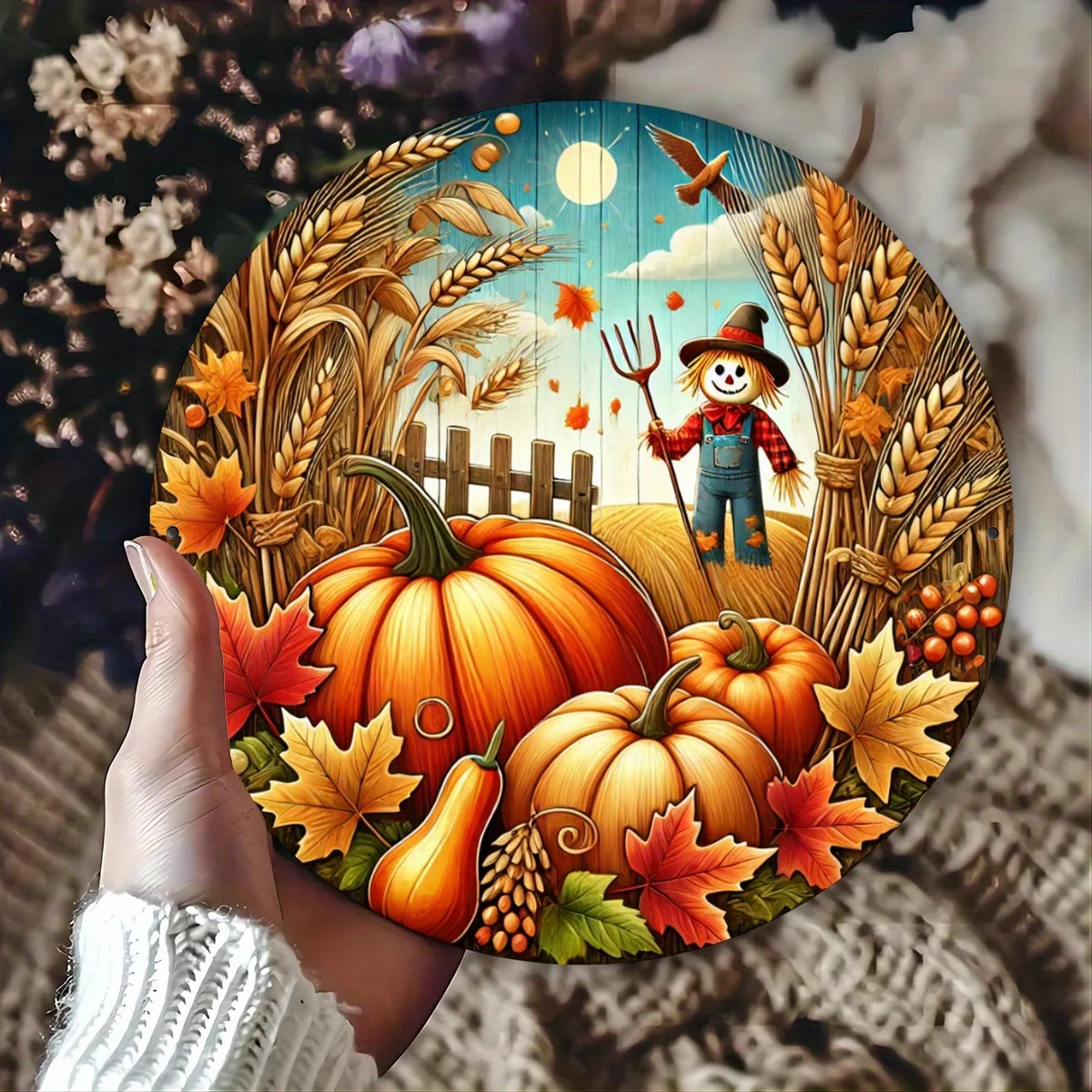 2D Flat, 1pc Vintage Iron Metal Sign - Autumn Harvest Scarecrow Pumpkin Wreath Wall Decor, Rustic Farmhouse Door Hanging Art for