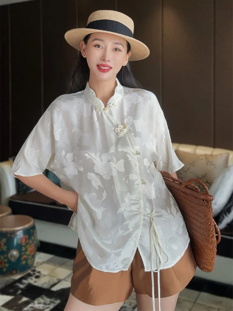 

Silk Casual irt Women's Stand Collar ort Sve Soft Comfortable Versatile New Chinese Sle Top Flower Patterned Fanyoo