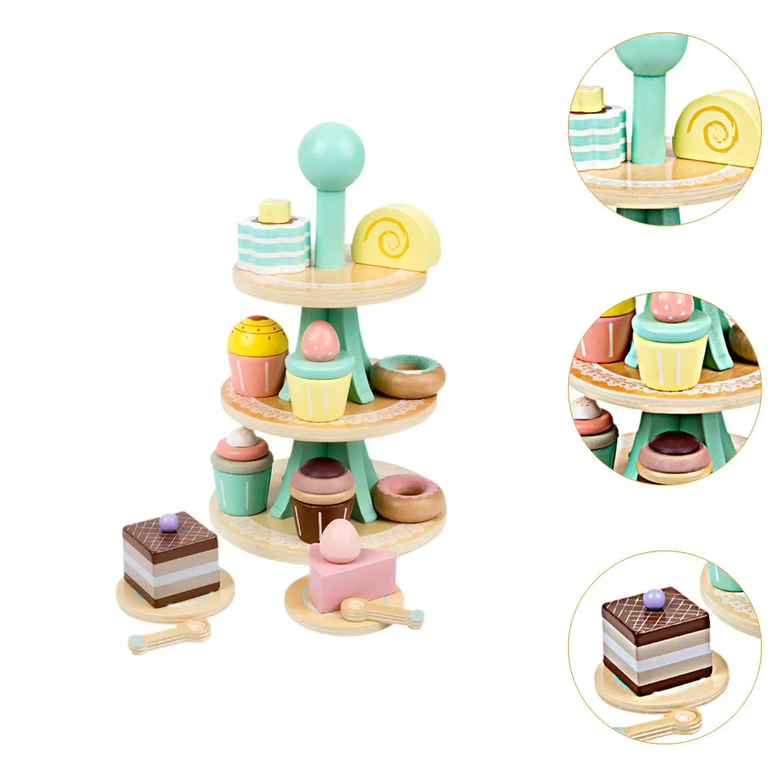 Wooden Tea Party Set Dessert Stand Playset Role Play Educational Pretend Food Play Kitchen Accessories for 2 3 4 5 6 Year Old
