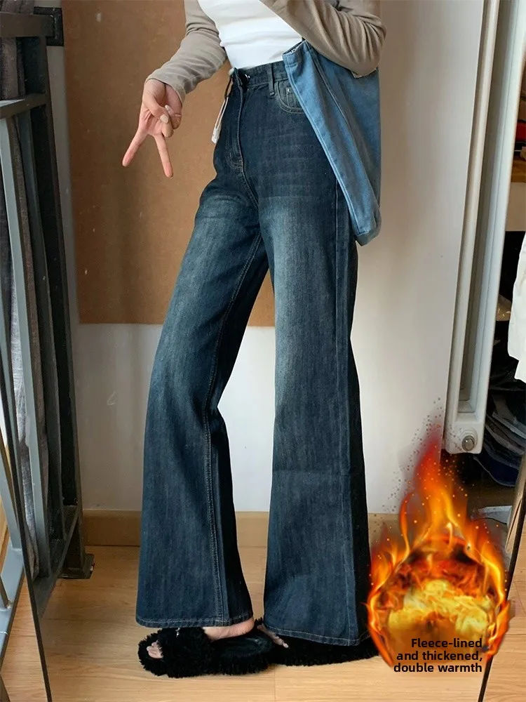レディース裏起毛フレアジーンズ ハイウエスト ワイドレッグ ストレートカット 秋冬 プラスサイズ 快適 通気性