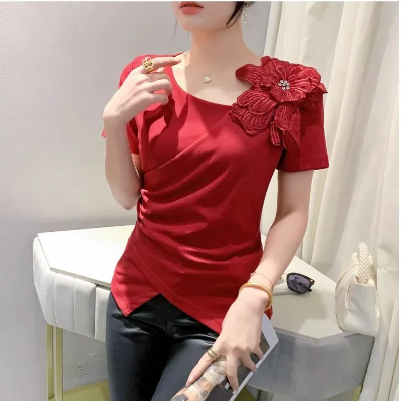 

#7103 Irregular T Shirt Women Slim Sexy Short Wrap Tshirt Embroidery Flower Vintage Womens Tshirt Skew Collar Diamonds Summer