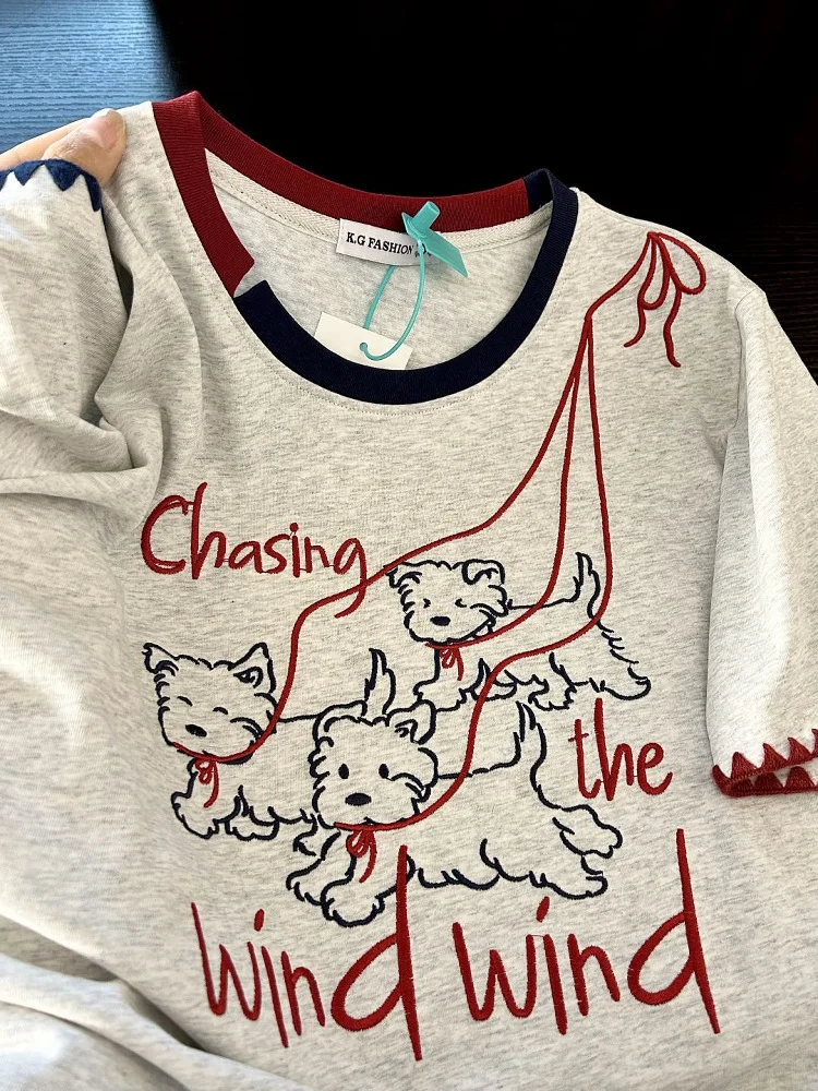 

Милая женская летняя повседневная футболка из плотного хлопка с вышивкой, свободного кроя, с коротким рукавом, для небольших размеров