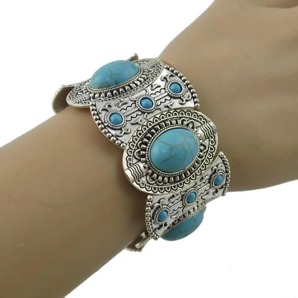 Bohemian Punk Gypsy Tibetan Vintage Metal Elastic Wide Bangles Bracelets Blue Stone Bead Statement Bracelet Handmade Women Party