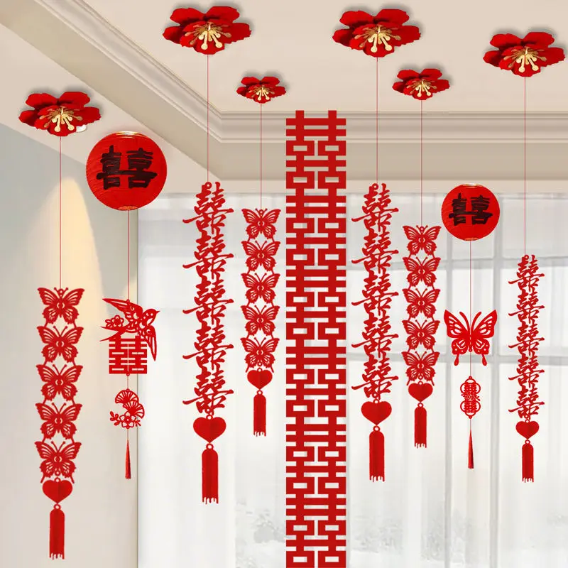 

Wedding Decor Ceiling Hanging “Double Happiness” Character Garland Ceiling Wedding New Home Bedroom Hanging Ornament