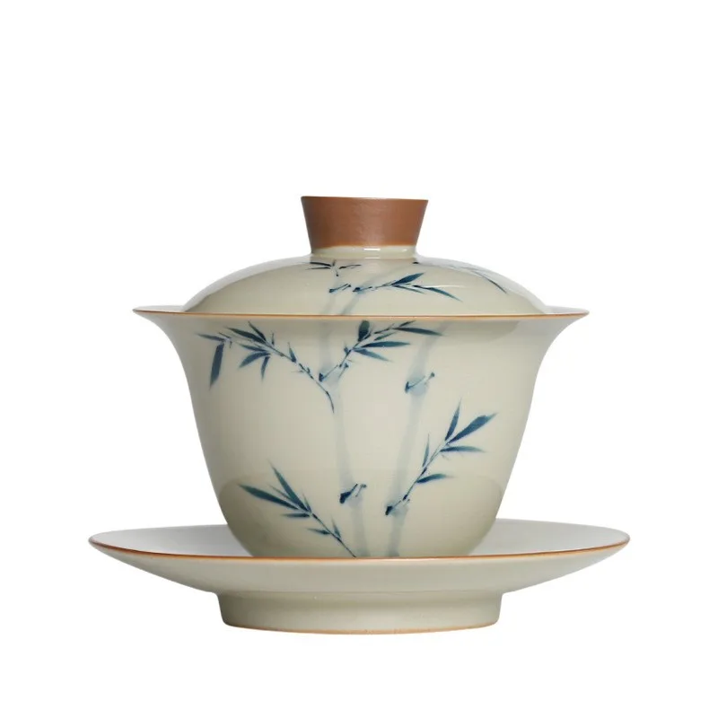 

Antique hand-painted bamboo, Sancai cover bowl, simple kung fu ceramics, tea bowl single household small elegant