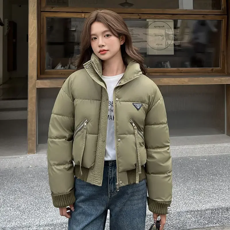 Korean Stand Collar Cropped Jacket Winter Coat Women\'s Clothing Trend Puffer Jackets Warm Streetwear Knit Patchwork Long Sleeve