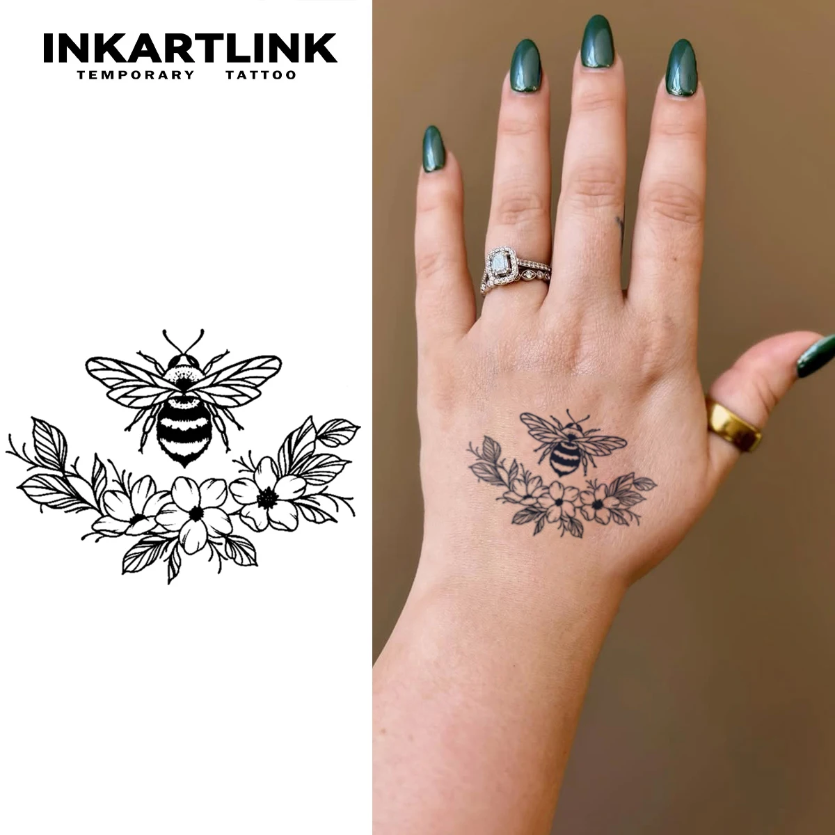 Bee And Flower Temporary Tattoo,Lasts To 15 Days New Technology Magic Waterproof Semi Permanent Sticker.