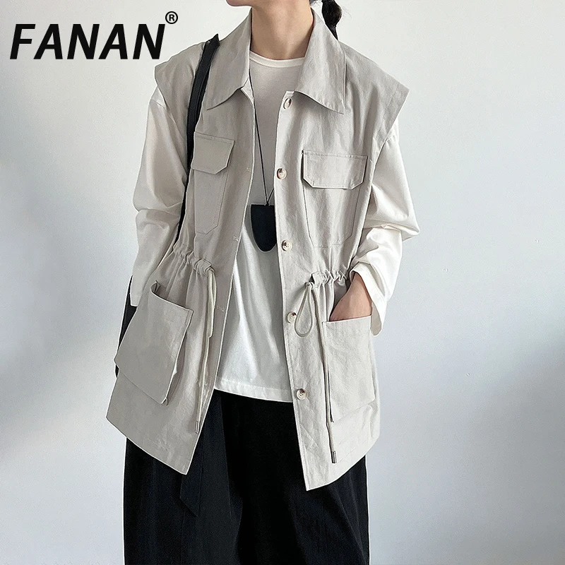 

FANAN Fashion Drawstring Vest For Women Lapel Big Pockets Design Loose Tanks Office Lady Coats Female Clothing 2025 Autumn New