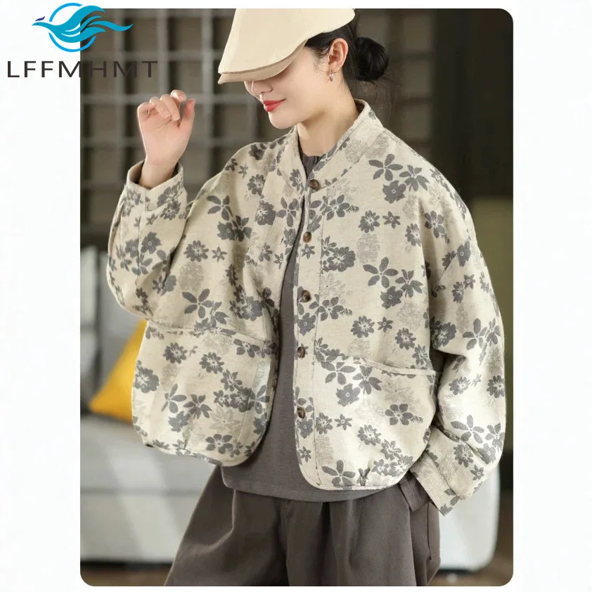 Women Spring Fall Vintage 100% Linen Jacquard Double Layer Jacket Artistic Single Breast Cozy Versatile Comfort Layering Coats