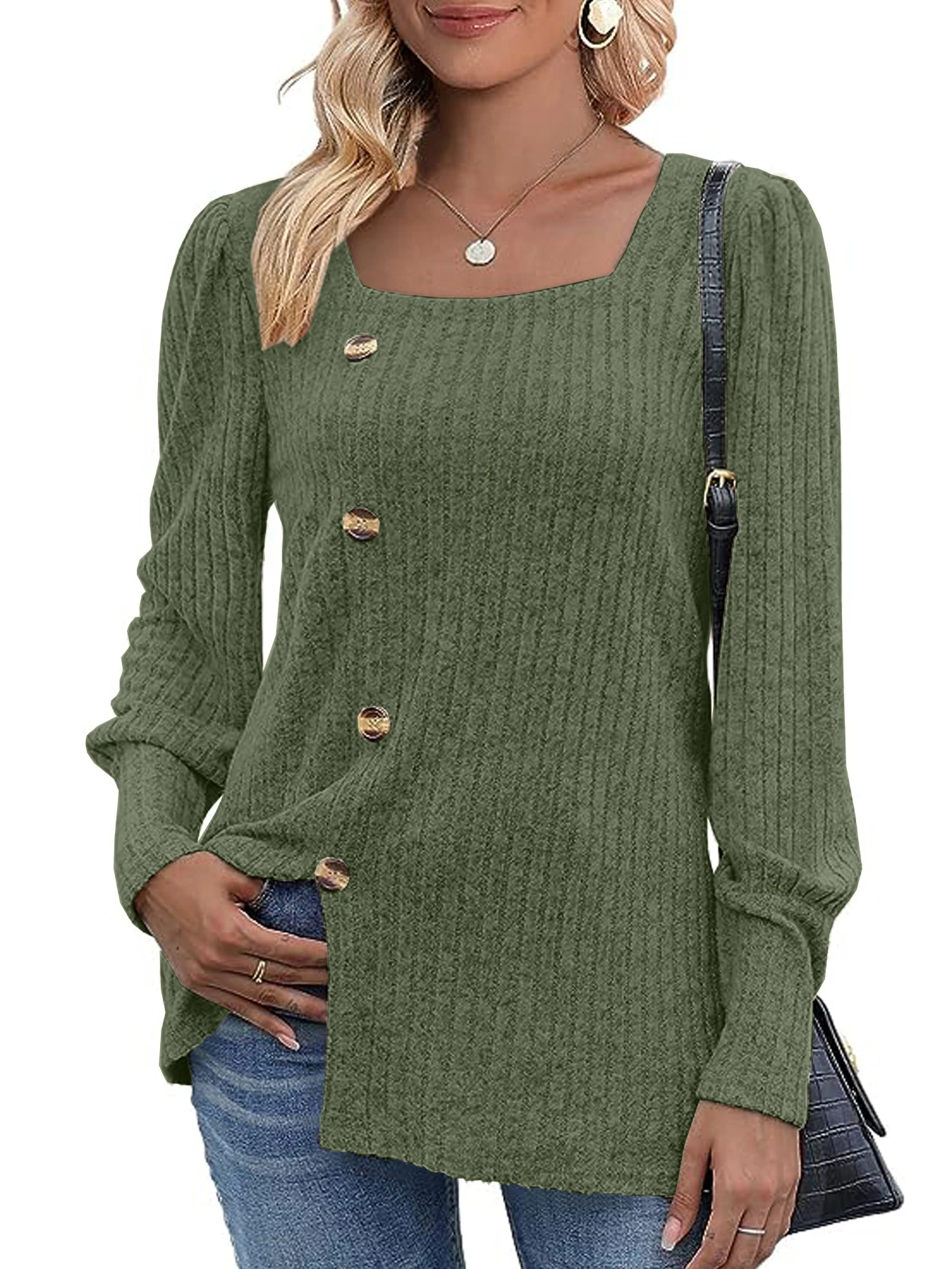 New autumn and winter square collar side slit top long sleeve versatile button loose top