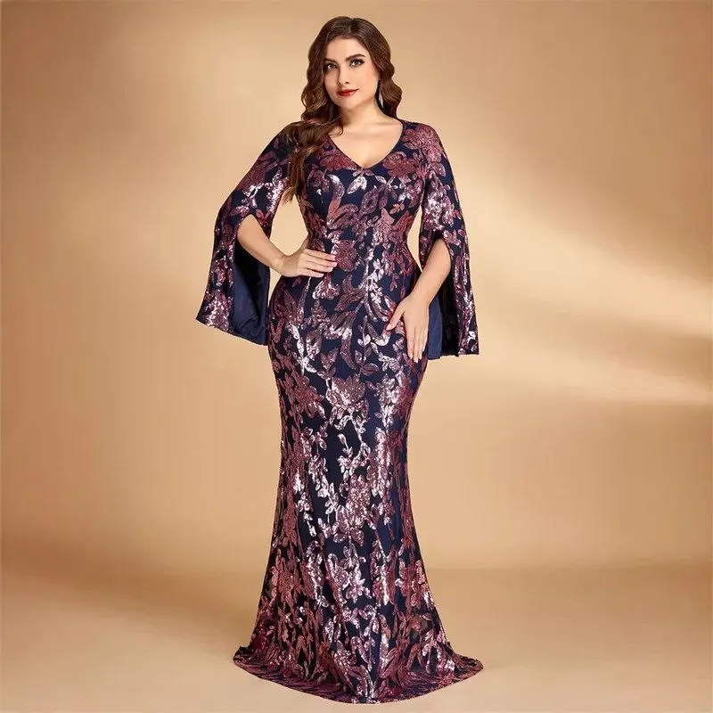 

Elegant Long Sleeve Sequin Split Evening Gown Women's Slim Fit Fish Tail Dress Wedding Dress Polyester Fabric KTV Costume