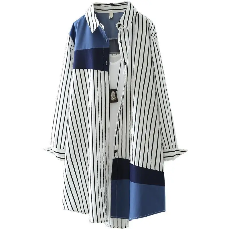 Korean Version Loose Oversized Casual Commuting Striped Long Shirt for Women\'s Spring Autumn New Versatile Long Sleeved Coat Top