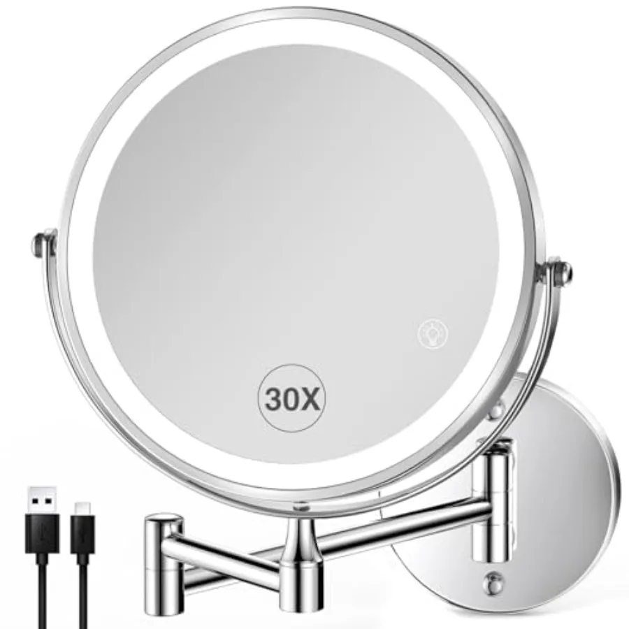 

GREENFROM 30X LED Lighted Makeup Mirror: 8.5in Wall Mounted Magnifying Mirror with Light - Chrome