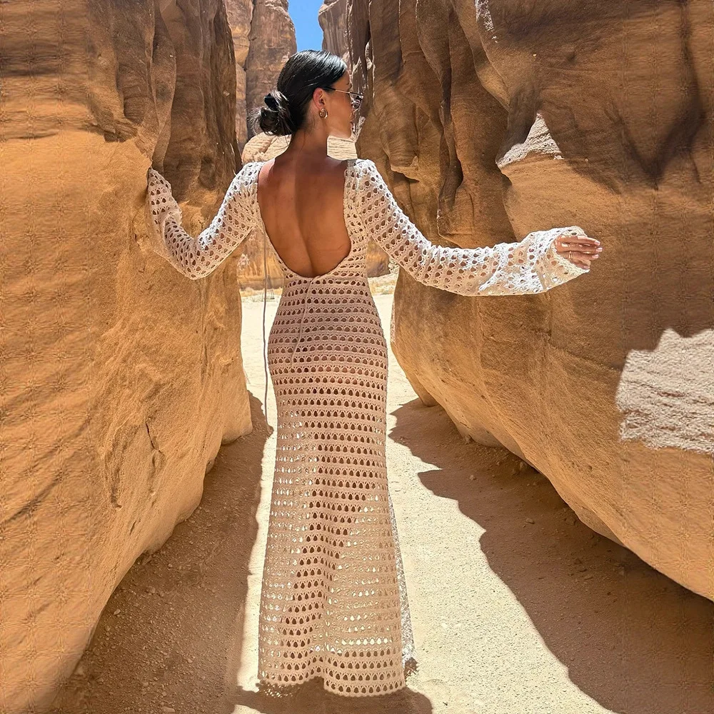 Hollow-out long-sleeved vacation beach sunscreen halter strap flared sleeve crew neck blouse dress cover-ups swimsuit women