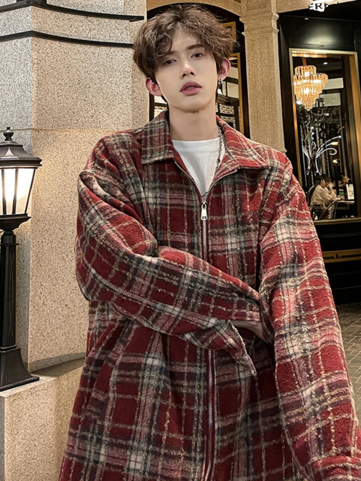 

Red Plaid Baseball Sle Jaet Men's High-End Vintage American Faion Outerwear Trendy Spring Season Loose Fit Zipper Closure