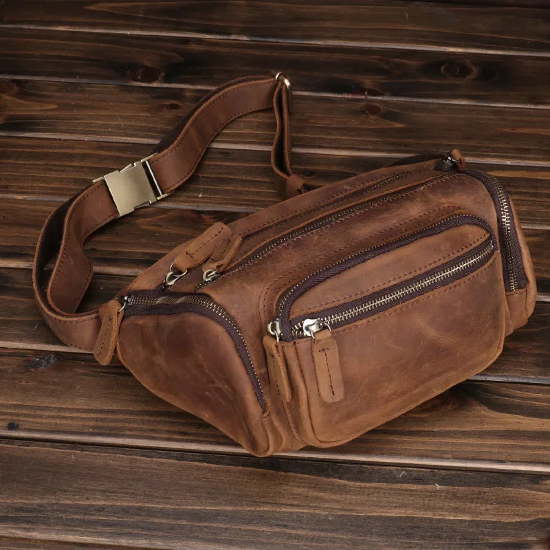 

Genuine Leather Men's Chest Bag Vintage Multi-layered Functional Shoulder Bag