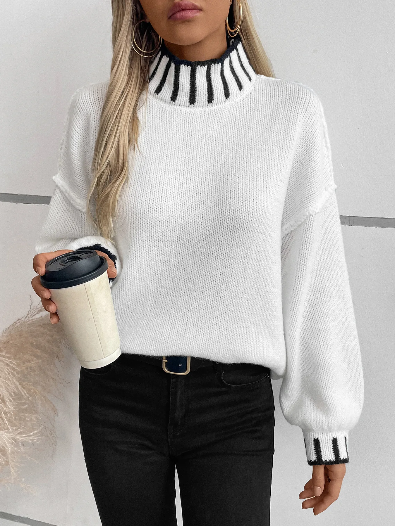 

Casual Women Turtleneck Sweater Cozy Warm High Elastic Sweater Soft Thick Knitted Sweater Cozy Slim Fit Stretch Pullover