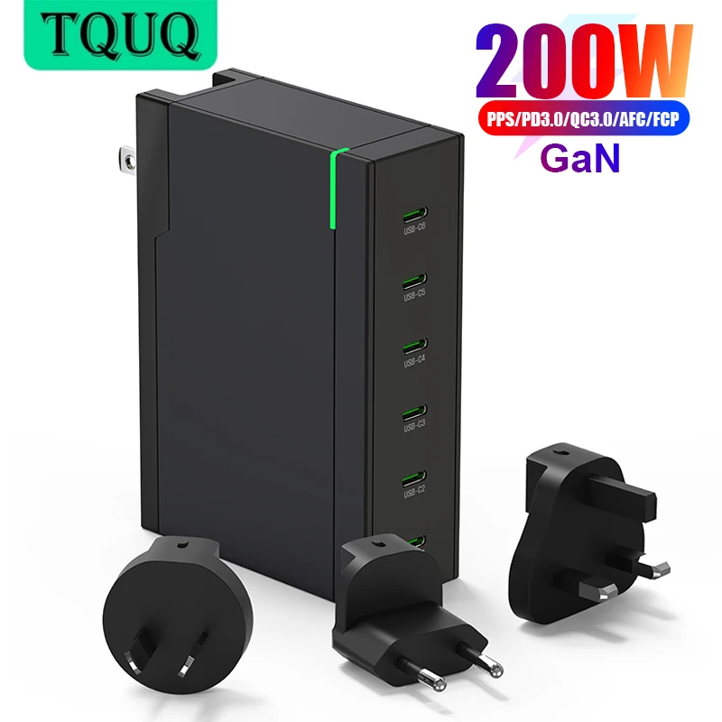 TQUQ 200W USB C Wall Charger, 6-Port GaN USB-C PD 100W Fast Charger Block for MacBook Pro/Air iPad iPhone 14/13 Samsung Galaxy