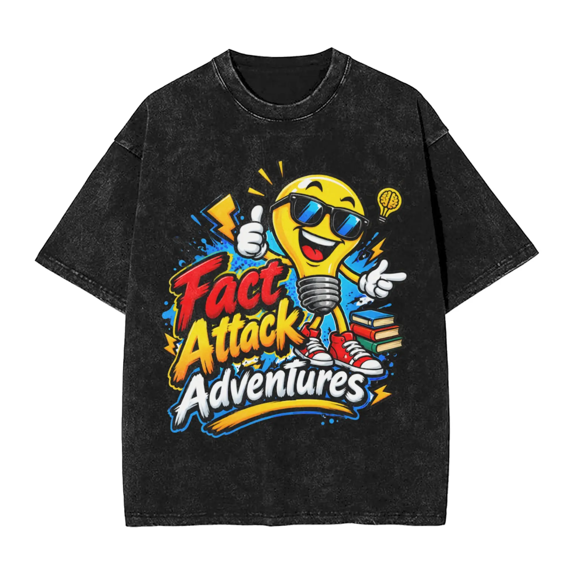 Fact Attack Adventures Lighty T Shirts Hip Hop Washed Short Sleeve Harajuku T-Shirt  Vintage for Men Women Streetwear