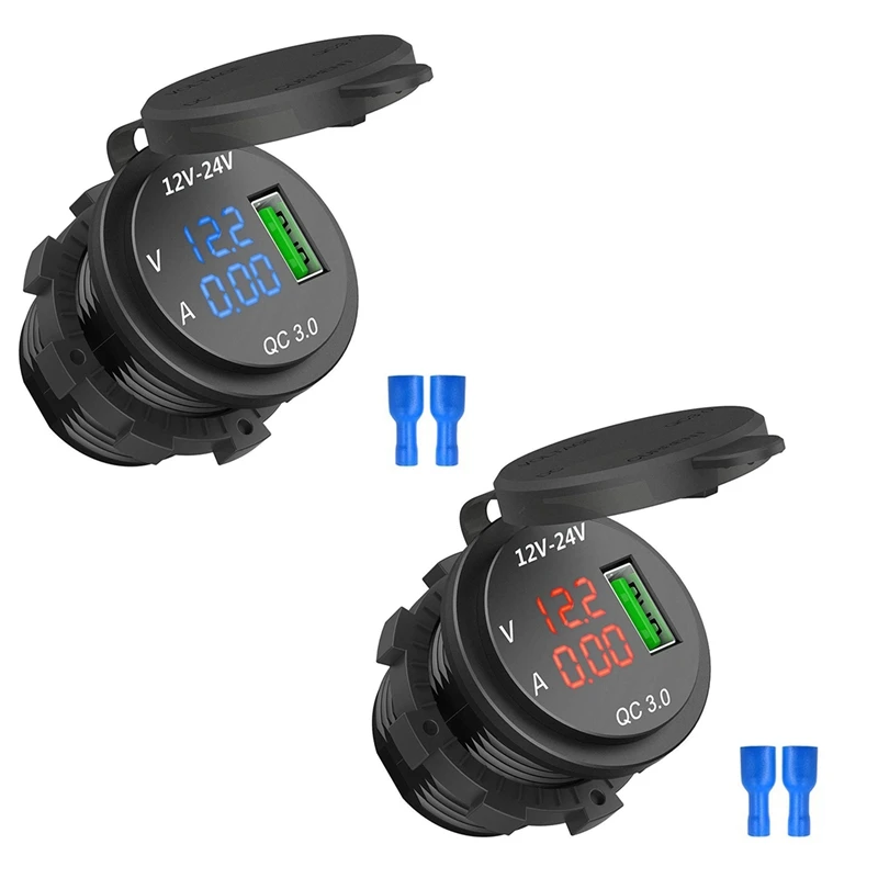 2Pcs 12V / 24V Fast Charging 3.0 Car Cigarette Lighter Socket Usb Charger Led Voltmeter Ammeter Black & Red & Black & Blue