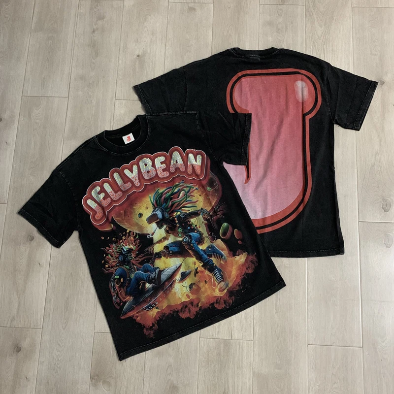 American Hip Hop Jellybean T-Shirt White Ink Direct Spray Breathable Hot Diamond Print Wash Water High Quality Tee Tops