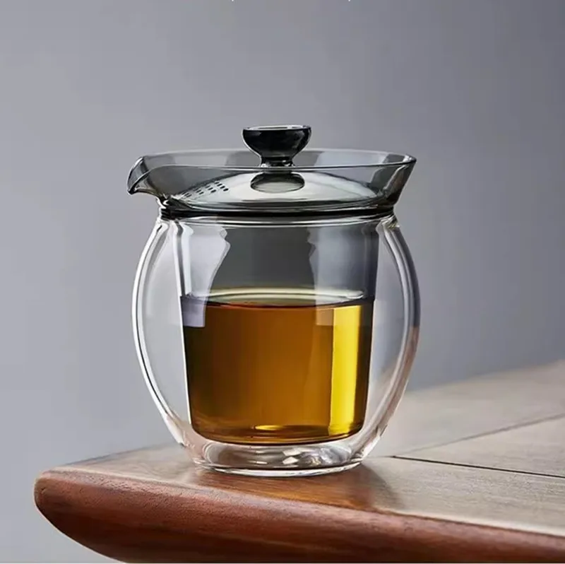 Double-decker Glass Heart Holding Gaiwan Heat and Scald Resistant Er Cai Tea Tureen Hand Kettle Cup for Tea Exquisite Gifts