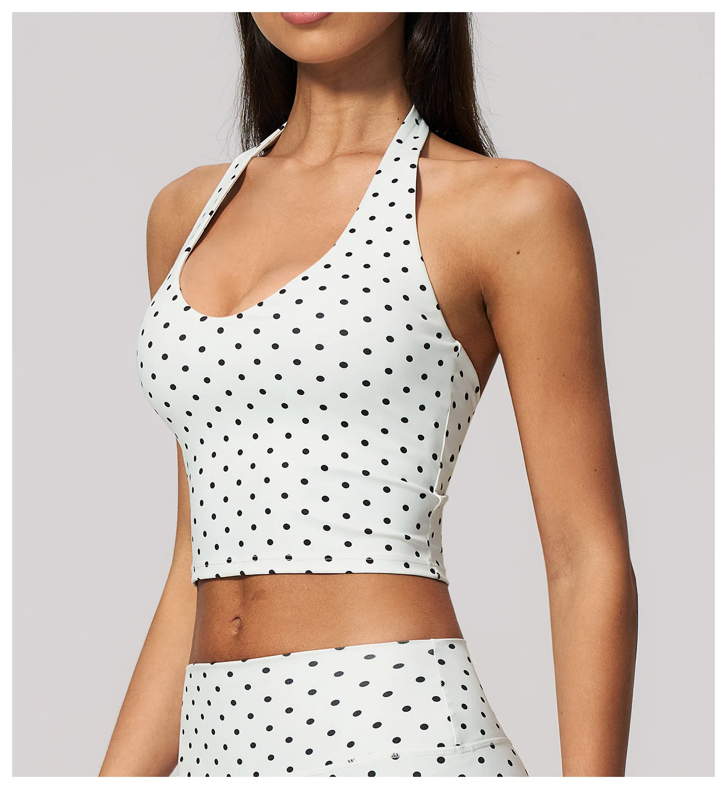 Women's Halter Polka Dot Longline Sports Bra Padded Seamless Crop Tank Top Workout Cami with Built-in Support for Yoga Pilates G