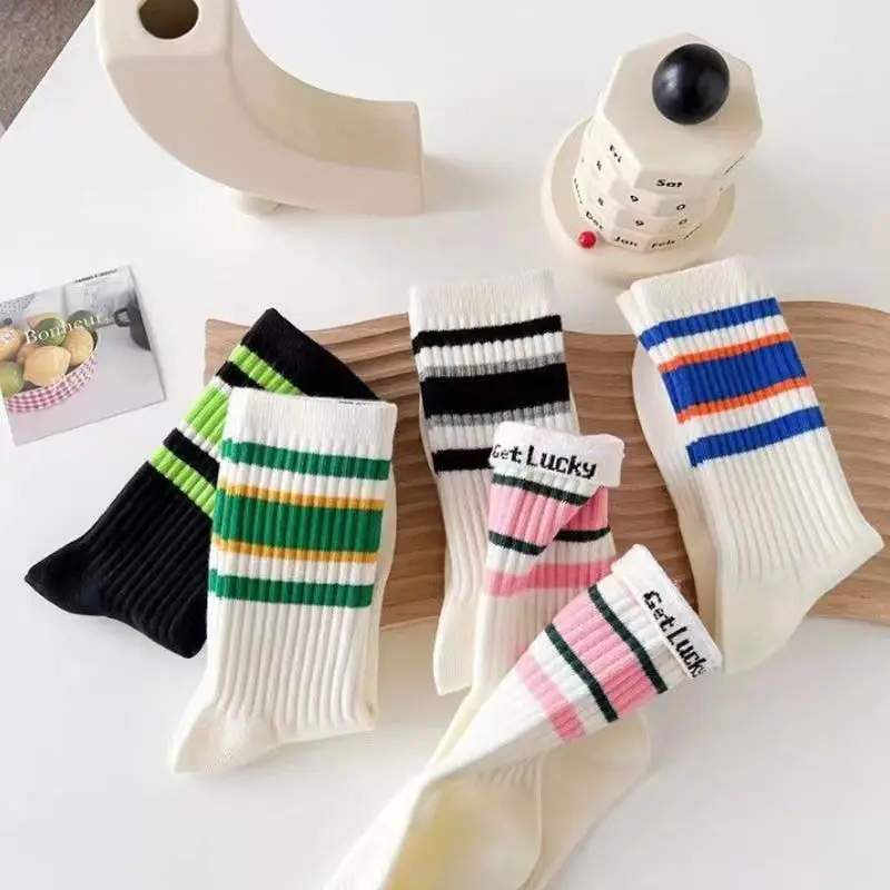 5 Pairs Women\'s Socks Cute Harajuku Warm Sock Simple Colorful Striped Short Socks Fashion Spring Autumn Women\'s Mid Length Socks