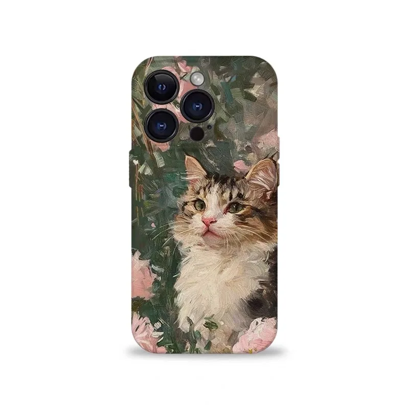 

Чехол Ins Pink Flower Oil Painting Cat для IPHONE 17 16 ProMax 15 14 Plus 13 12 MINI 11 PRO 16Plus XR XS MAX, акриловый чехол для телефона
