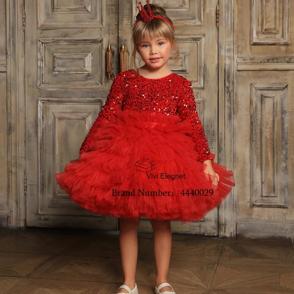 

Scoop Full Sleeve Flower Girls Dresses with Sequiend 2024 Summer New Christmas Gowns Tiered Christmas Gowns فلور فتاة اللباس