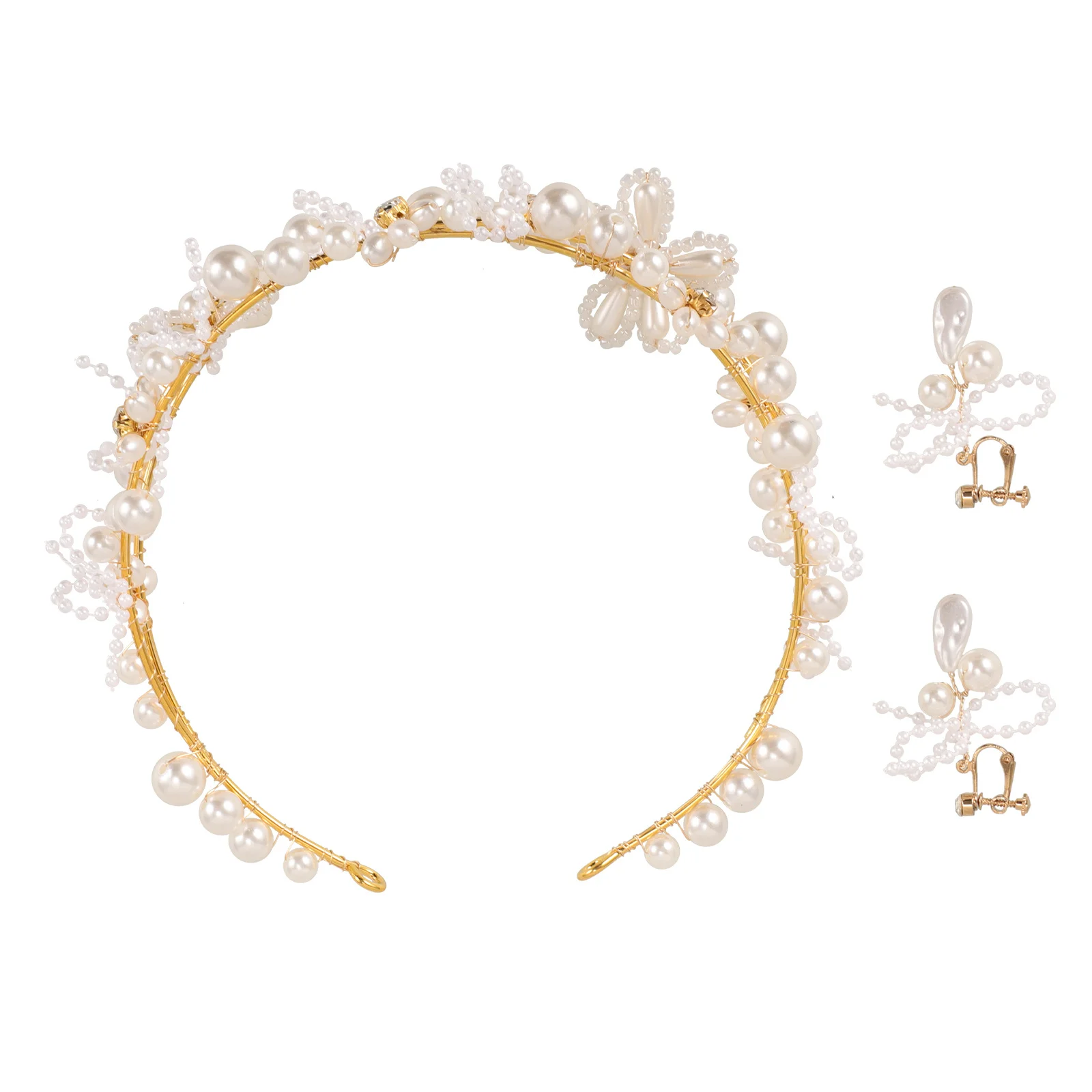 

1Set New Bride Headpiece Pearl Crown Earrings Wedding Jewelry Set Bridal Luxurious Accessories for Wedding Party Celebration