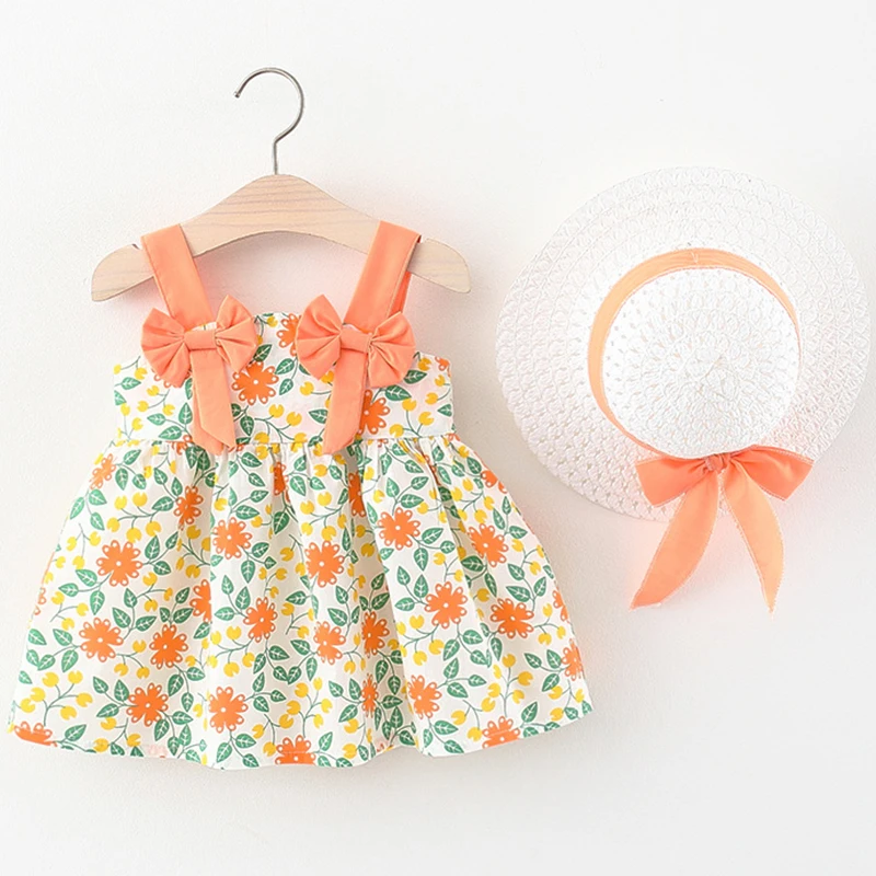 2Piece Sets Summer Toddler Girl Clothes Korean Flowers Cute Bow Sleeveless Beach Infant Princess Dress+Hat Baby Dresses BC179