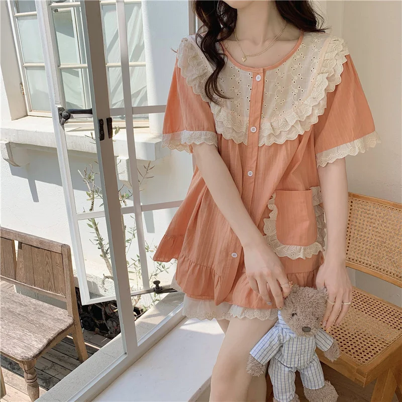 

New Home Soft Lace Orange Short Sleeve Summer Pajama Set Women Korean Style Sweet Princess Real price Kawaii Loose Sleepwear