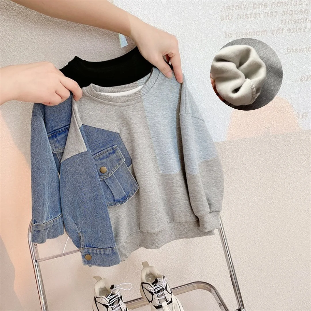 

2025 Kids Girls Boys Thickened Sweatshirt Clothes 2-7Y Children Fashion Denim Patchwork Long Sleeve Casual Warm Pullover Top