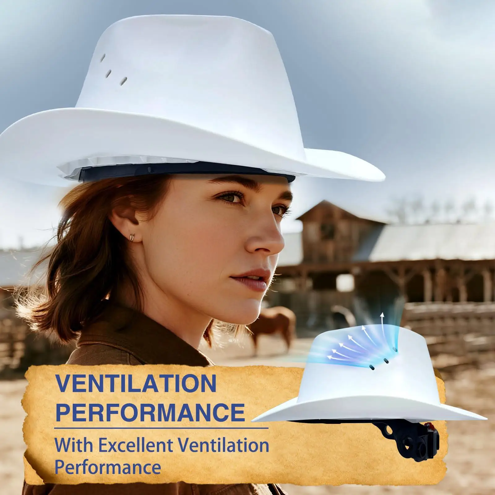 

Cowboy Hard Hat Easy to Use, Portable, Practical, 4 Point Ratchet Suspension, Professional with Vent Hole