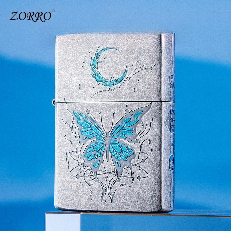 ZORRO Oil Lighter Windproof Antique Silver Time Love Butterfly Rose Creative Gift  Smoking Accessories Gadgets for Men