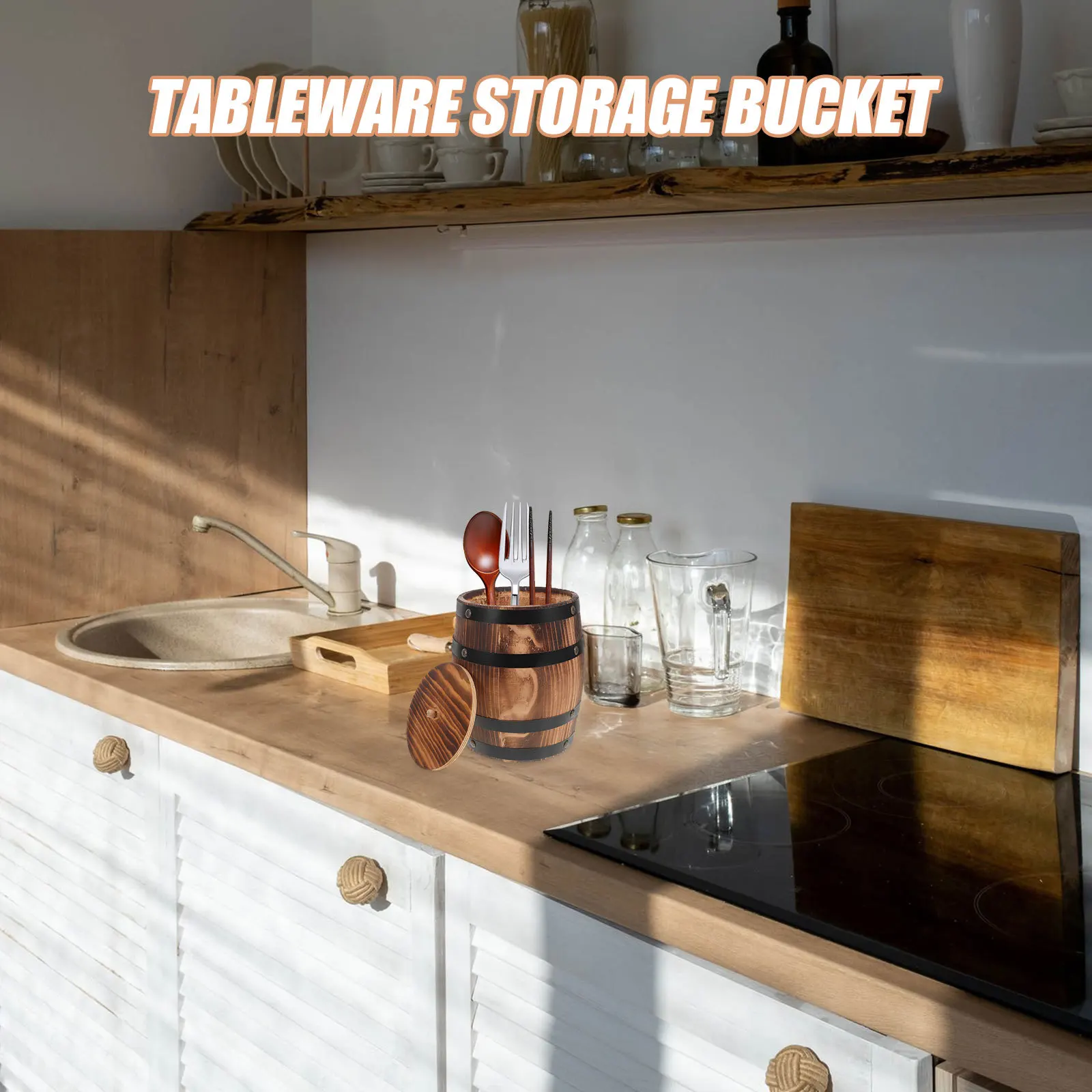 

Vintage Carbonized Wood Utensil Holder Wooden Barrel Desktop Storage Organizer Fork Spoon Chopsticks Holder