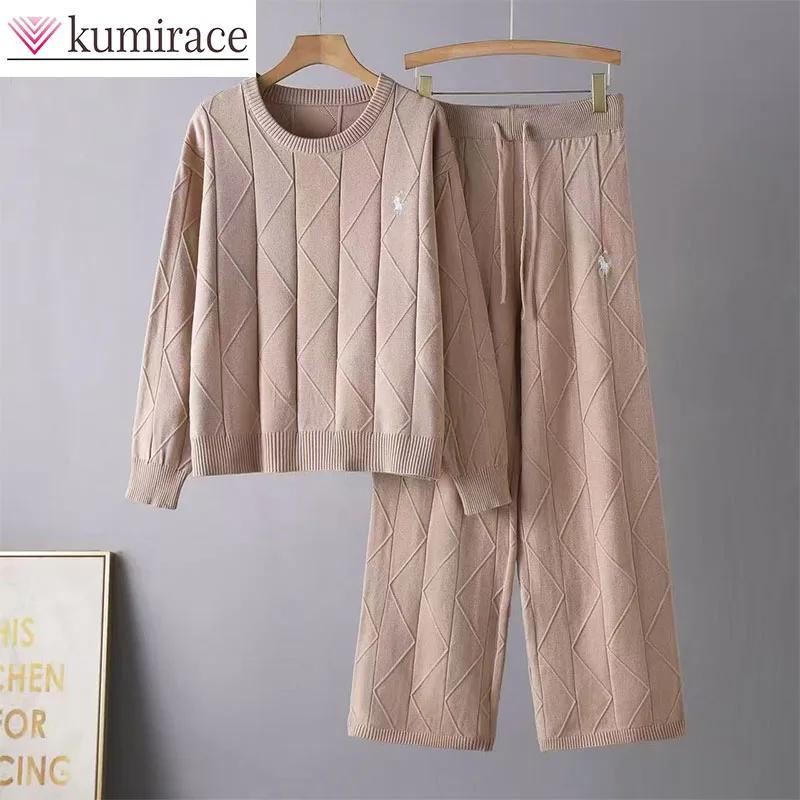 

Fashion Suit Women's Gentle Loose Fried Dough Twists Knitting Sweater High Waist Thin Draping Trousers Two-piece Set Women Pants