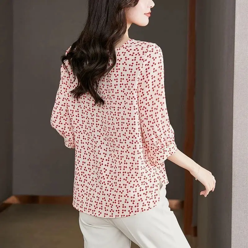 Summer New European and American Loose Square Printed Chiffon Shirt with Round Neck and Three-quarter Sleeve Commuter Korean