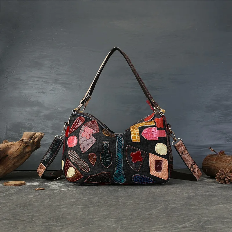 

Nesitu Высокое качество, модная уникальная винтажная джинсовая сумка из натуральной кожи формата А4, женская сумка из воловьей кожи, сумка через плечо, кошелек M700