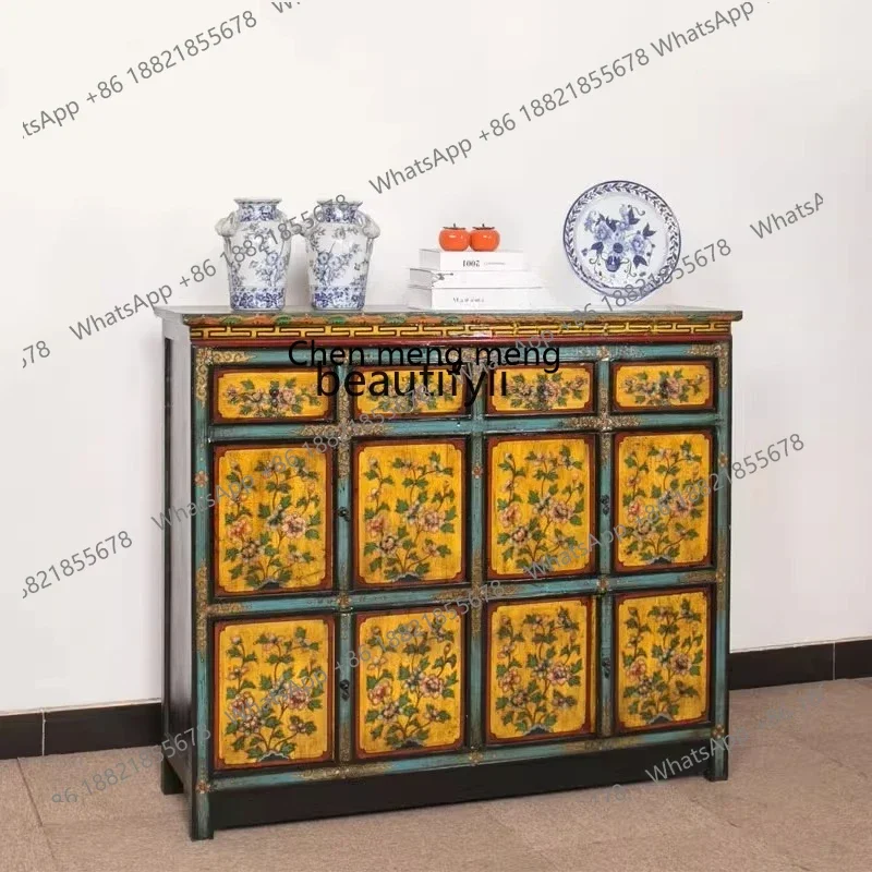 ss8350 Mongolian Tibetan furniture elm painted old solid wood four-door shoe cabinet bucket cabinet foyer side cabinet