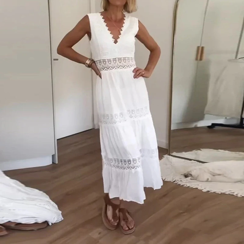 แฟชั่น Jacquard ลูกไม้ V คอชุดสตรีโครเชต์ Spliced Hollow Out เซ็กซี่ชุดเดรสฤดูร้อนเย็บปักถักร้อยพรหมชุด