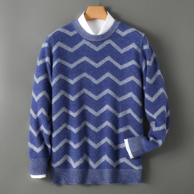 2025 Winter Men's Wave Striped 100% Pure Wool High end Leisure Thick Cashmere Base Sweater
