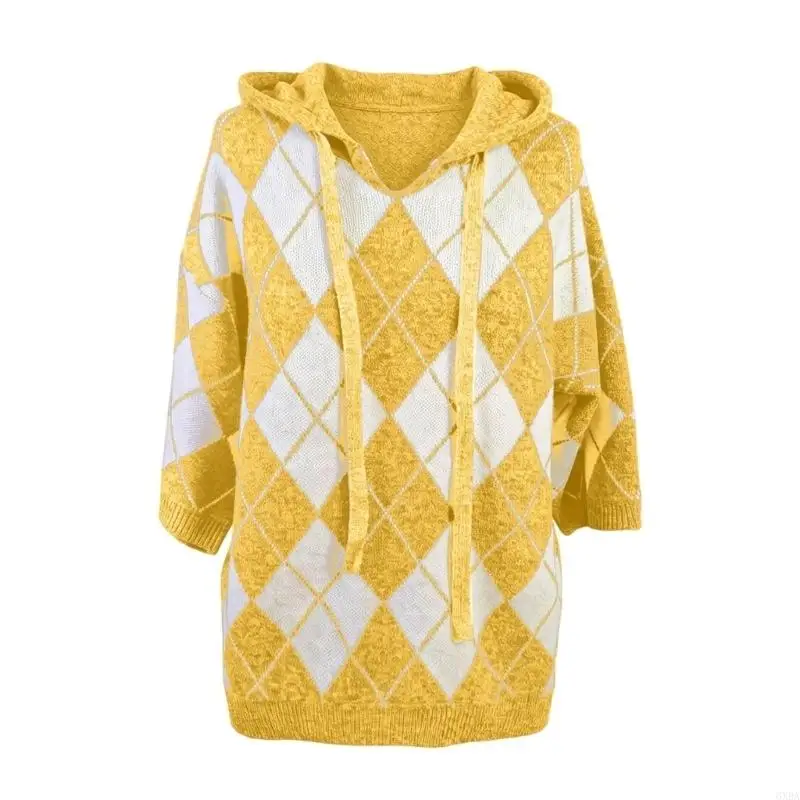 Knitted sweater, print casual hooded sweater, drawstring sweater, knitted top 6XDA