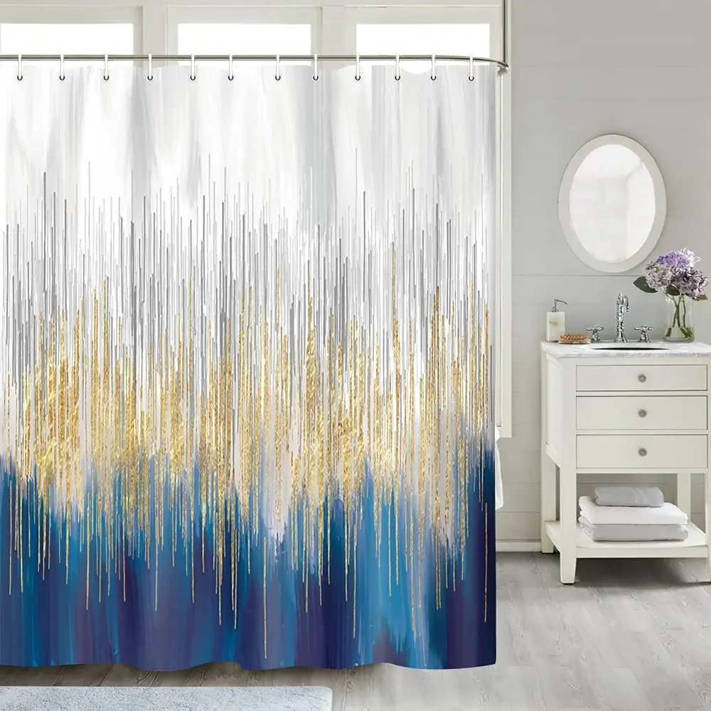 Grey and Blue Abstract Art Shower Curtain, Modern Ombre Design Bathroom Curtain Fabric Gold Navy Blue with Hooks Bath Curtain