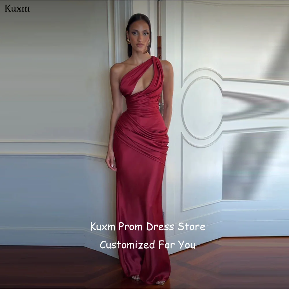

Kuxm Burgundy Satin Evening Dresses Formal Scalloped Backless Mermaid Prom Gowns One Shoulder Floor Length Dress Customized