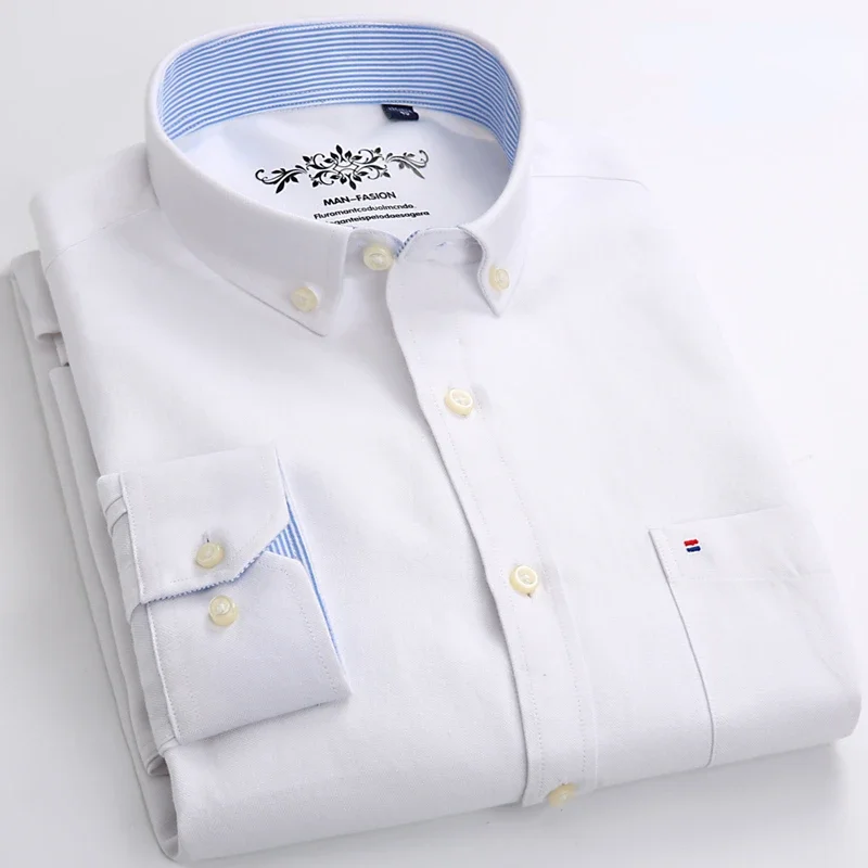 Camisa Oxford lisa de manga larga para hombre, camisa con un solo bolsillo de parche, informal, estándar, con cuello abotonado, 2023